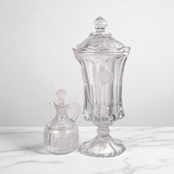 Vintage Fostoria Coin Glass Covered Urn & Cruet Set