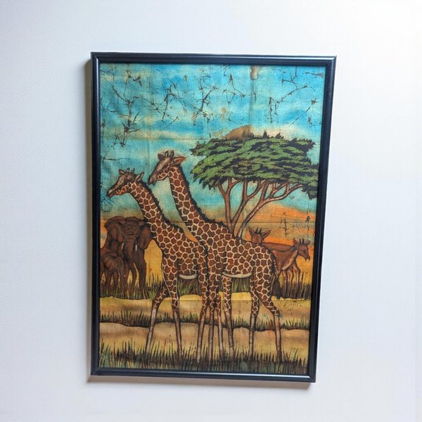Vintage African Batik Painting - Safari Giraffe Cloth Wall Art