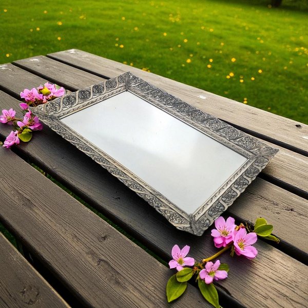 Vintage 15" Ornate Silver Tone Filigree Mirror Tray