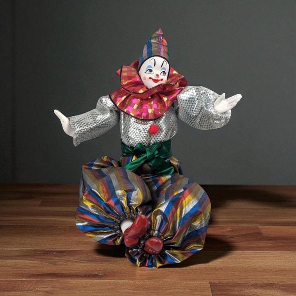 Vintage Posable Porcelain Colorful Clown Doll