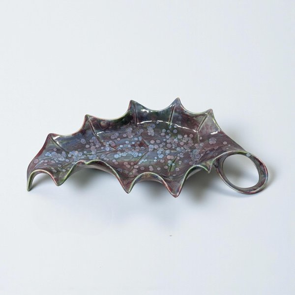 Vintage Handmade Glazed Ceramic Holly Leaf Dish