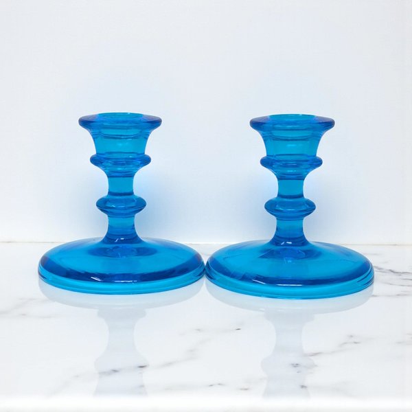 Pair of Vintage Blue Glass Taper Candlestick Holders