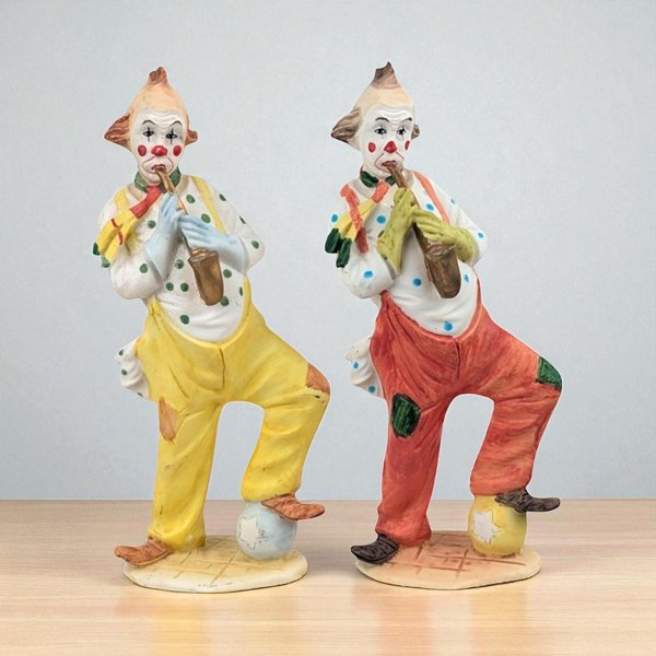 Pair of Vintage Mid-Century Style Resin Musical Clown Figurines