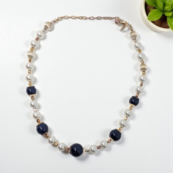 Vintage George Signed Blue, White & Gold Glass Bead Necklace