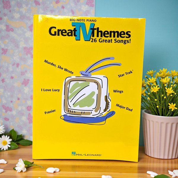 A large format softcover music book with a black cover featuring a montage of classic television screens. The typography is bold and colorful, showcasing a collection of famous small-screen melodies in a clean, preserved silhouette.