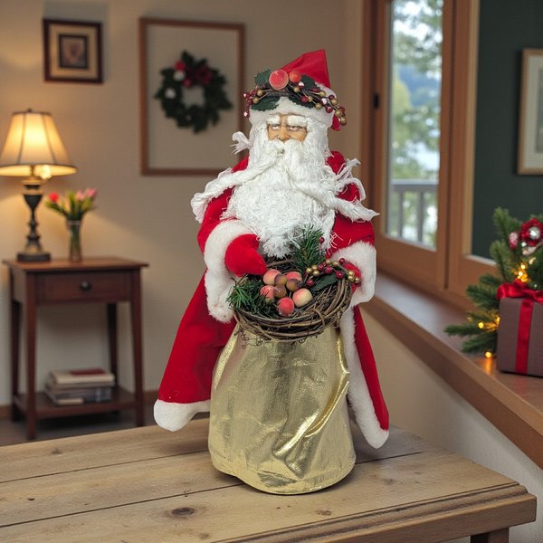 A standing Santa figure wearing a red velvet suit with white faux-fur trim. He wears a crown of red berries and holly and carries a twig nest filled with similar berries and pine sprigs. His base is a large gold metallic fabric bag.