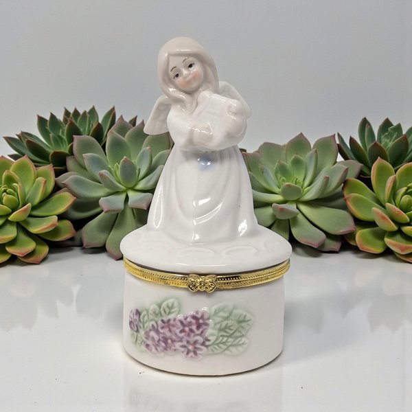 Vintage Ceramic Angel with Harp Trinket Box