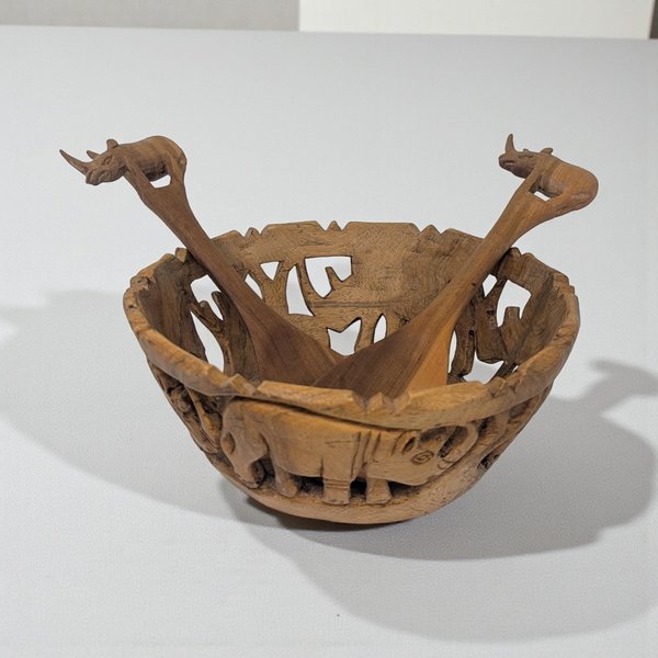Vintage Hand Carved Wood Bowl with Animal Utensils