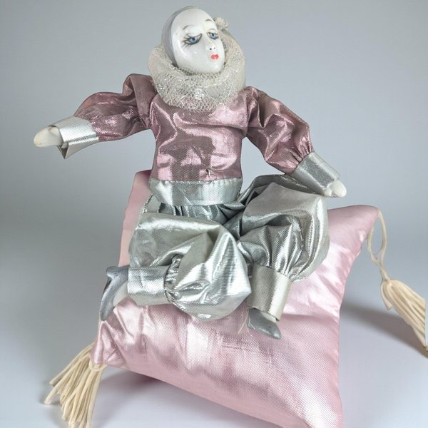 Vintage Harlequin Pink and Silver Doll on Pillow