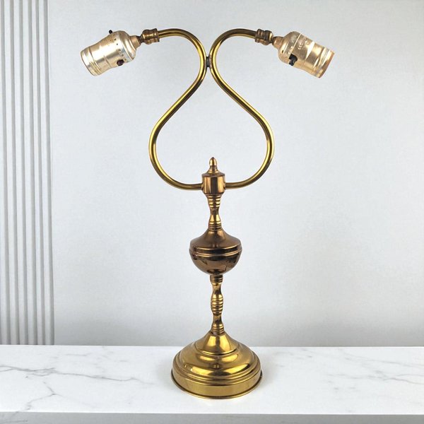 Vintage Double Brass Lyre-Form Desk Lamp