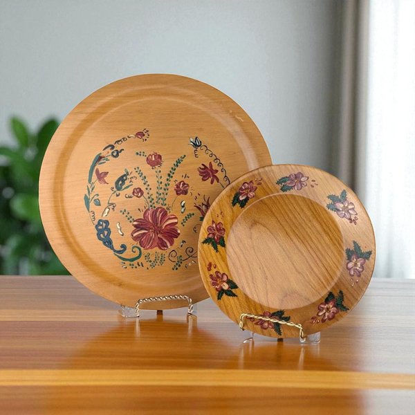 Pair of Vintage Hand-Painted Floral Wooden Plates