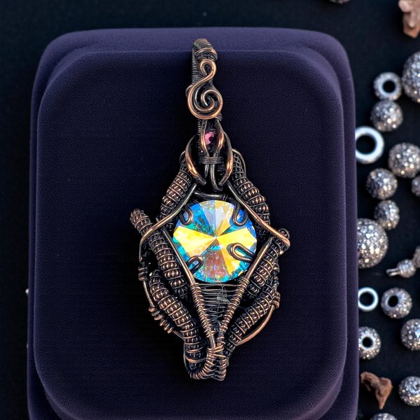 Handmade Iridescent Rivoli Copper Wire Wrapped Pendant