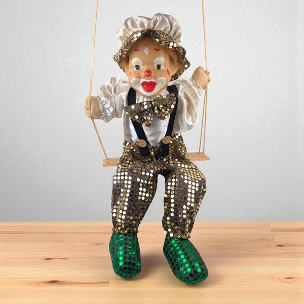 Vintage Green and Gold Porcelain Swinging Clown Doll