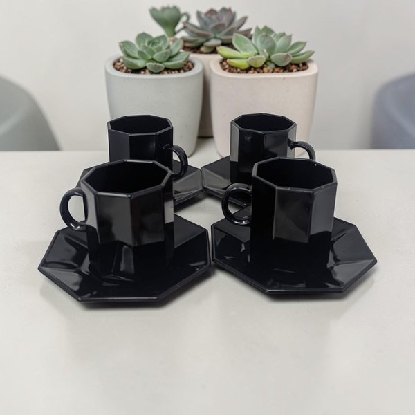 Vintage Arcoroc Octime Black Glass Coffee Set