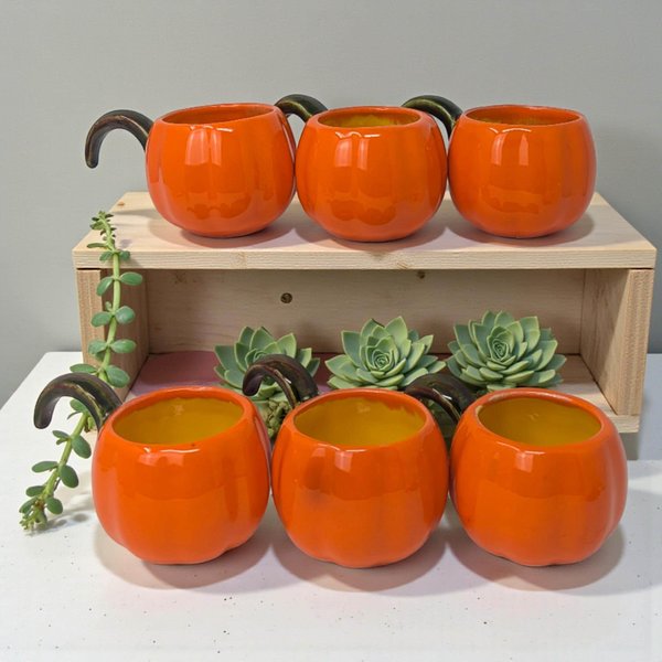 Set of Six Hand-Painted Pumpkin Cups