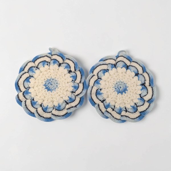 Vintage Blue and White Crochet Pot Holder Set