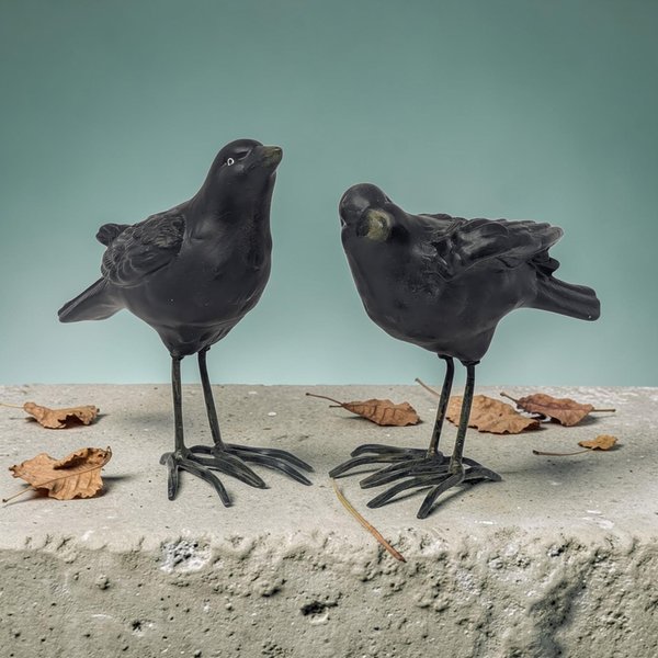 Vintage Ceramic and Metal Crow Figurine Pair