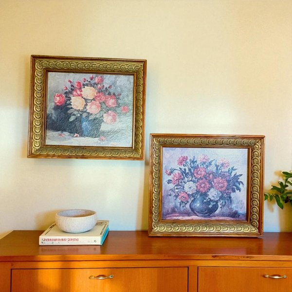 Vintage Still Life Flower Art Treasure Framed Pair