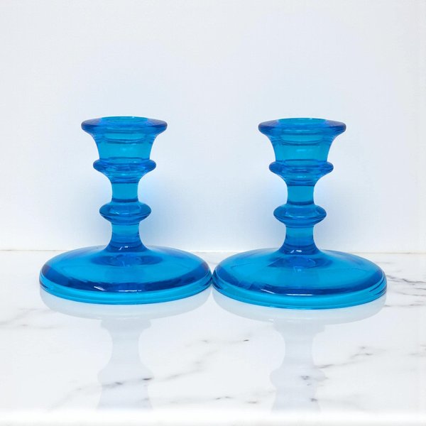 Pair of Vintage Blue Glass Taper Candlestick Holders