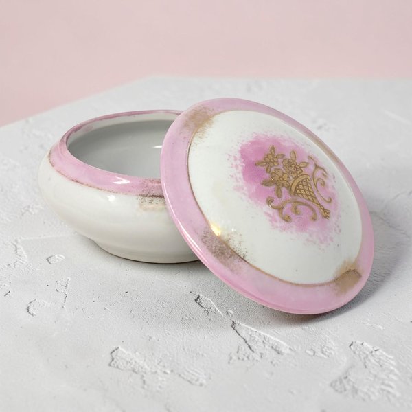 A round white porcelain trinket box with a matching lid. The lid features a soft pink gradient border and a central gold-gilt floral basket motif. The edges of the base and lid are accented with distressed gold trim.