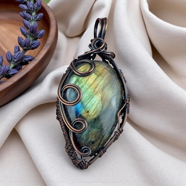 Handcrafted Copper Wire Wrapped Labradorite Pendant