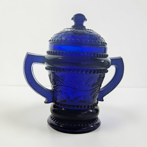 Vintage Cobalt Blue Glass Sugar Bowl