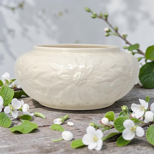 1997 Hand Made Cream Ceramic Floral Planter