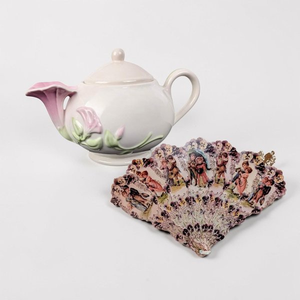 Vintage Morning Glory Teapot & Victorian Style Paper Fan